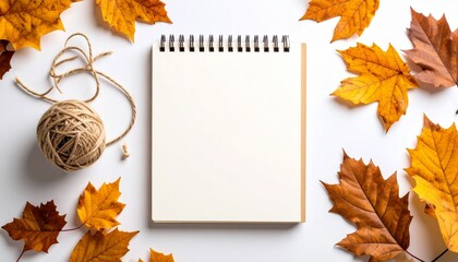 Cuaderno espiral en blanco con hojas de otoño y cordel