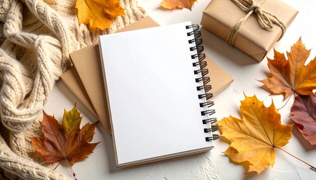 Cuaderno espiral en blanco con hojas de oto&ntilde;o y cordel