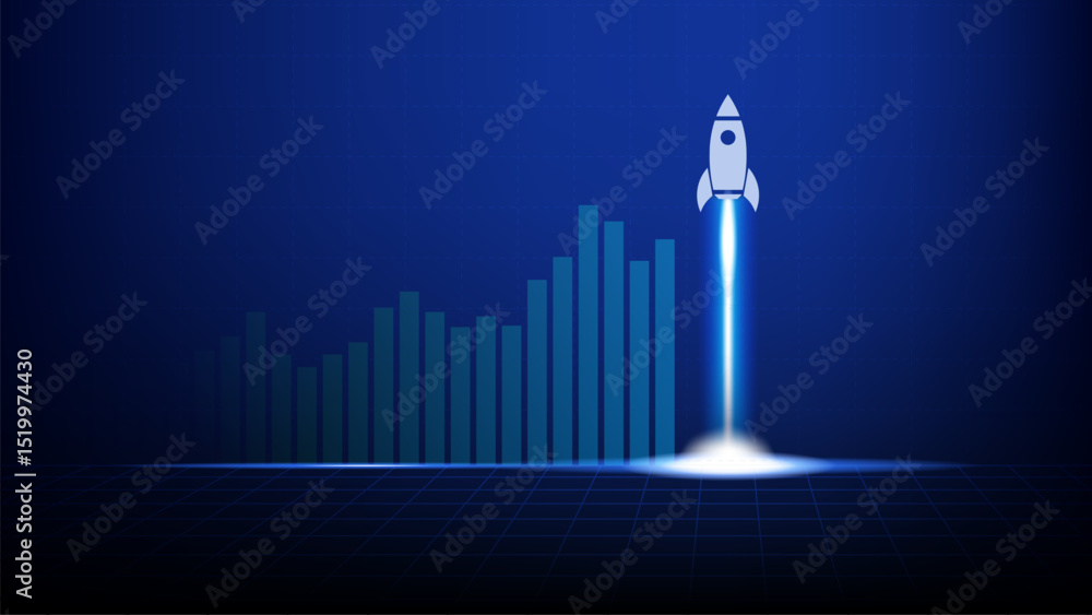 Aufkleber rocket launching with rising data bar graph