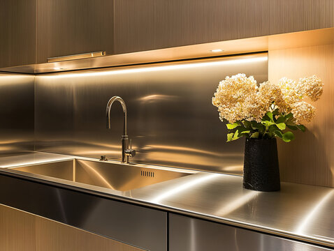 A chic kitchen with a floating sink, stainless steel backsplash, and recessed lighting for a sleek finish
