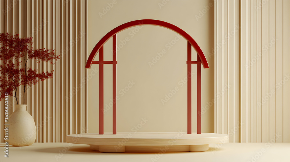 Poster elegant product showcase with a minimalist backdrop and a striking red arch frame