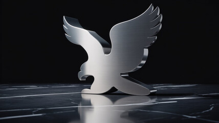 Silver eagle emblem on marble surface against black background, metallic bird with outstretched wings, symbol of freedom and strength, elegant design, studio shot