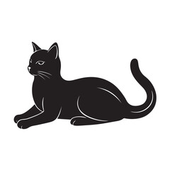 Naklejka premium Graceful Black Cat Lying Down with Tail Curved and Watching