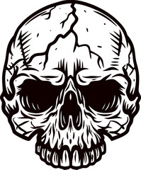 Fototapeta premium Cracked human skull illustration in vintage tattoo with dark hollow eyes and detailed bone texture