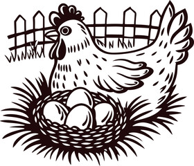 Fototapeta premium Hen in farmyard nesting eggs in rustic surroundings
