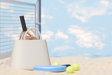 Paddle tennis rackets and balls in bag on sand on beach against sports net background. 3d rendering