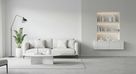 Minimalist Living Room Interior with Empty Wall for Frame Mockup