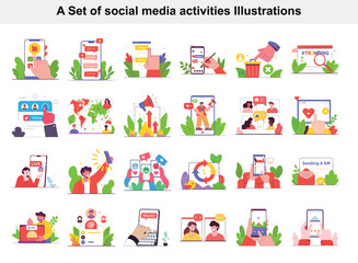 Social Media Activities Illustrations Online Communication, Networking, Sharing, and Connection Icons and Symbols
