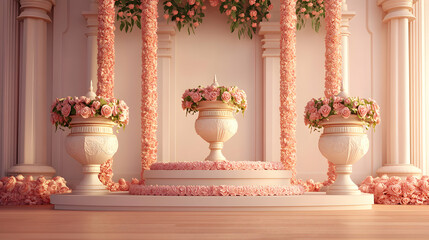 Elegant wedding stage adorned with pink flowers and classic columns, creating a romantic atmosphere