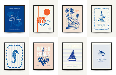 Obraz premium Abstract ocean and sea posters template. Modern sea Botanical trendy black style. Vintage seaweed, fish, shell. Ink wall art.