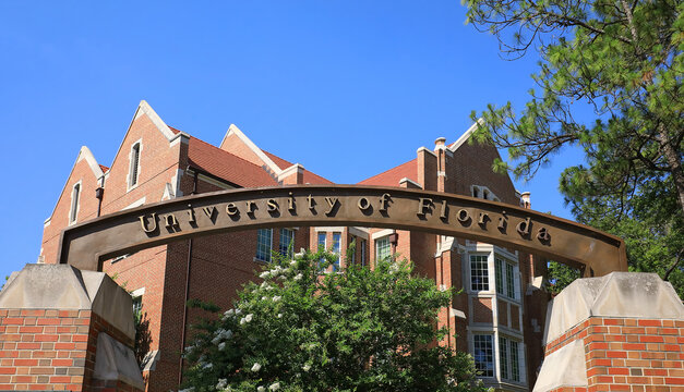 Close up of the main archway entrance to the University of Florida, a popular spot for photos, in Gainesville, Florida, USA. 