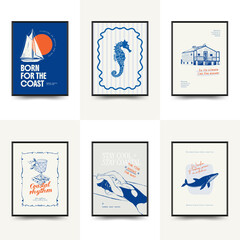 Abstract ocean and sea posters template. Modern sea Botanical trendy black style. Vintage seaweed, fish, shell. Ink wall art.