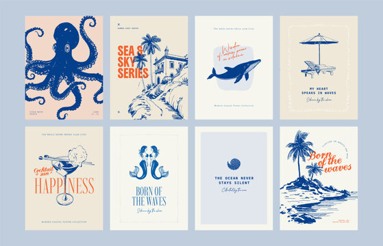 Abstract ocean and sea posters template. Modern sea Botanical trendy black style. Vintage seaweed, fish, shell. Ink wall art.