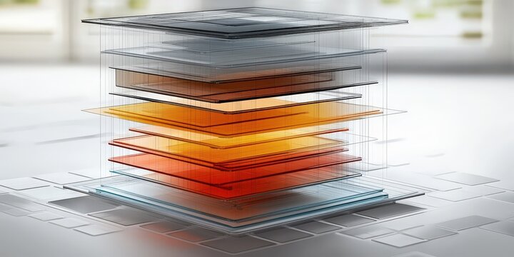 A stack of transparent, colored layers is arranged in a 3D structure, representing data or technology visualization.