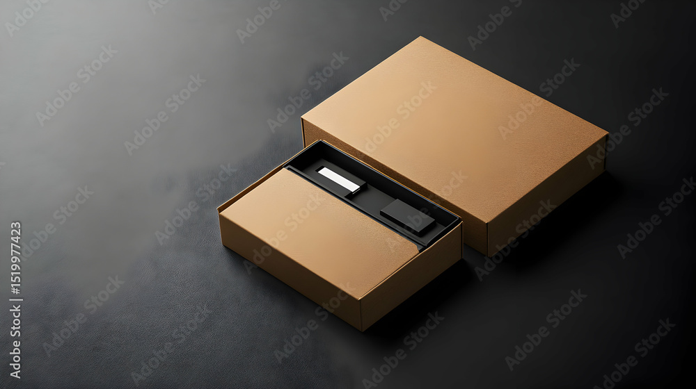 Poster minimalist product packaging featuring an open box with contents on a dark surface