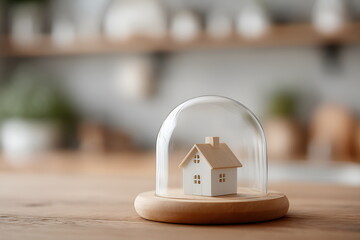 Miniature house model under glass dome on wooden base in cozy decor , symbol of home insurance, layout with copy space