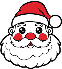 Cheerful cartoon santa claus face with festive red hat and beard on white