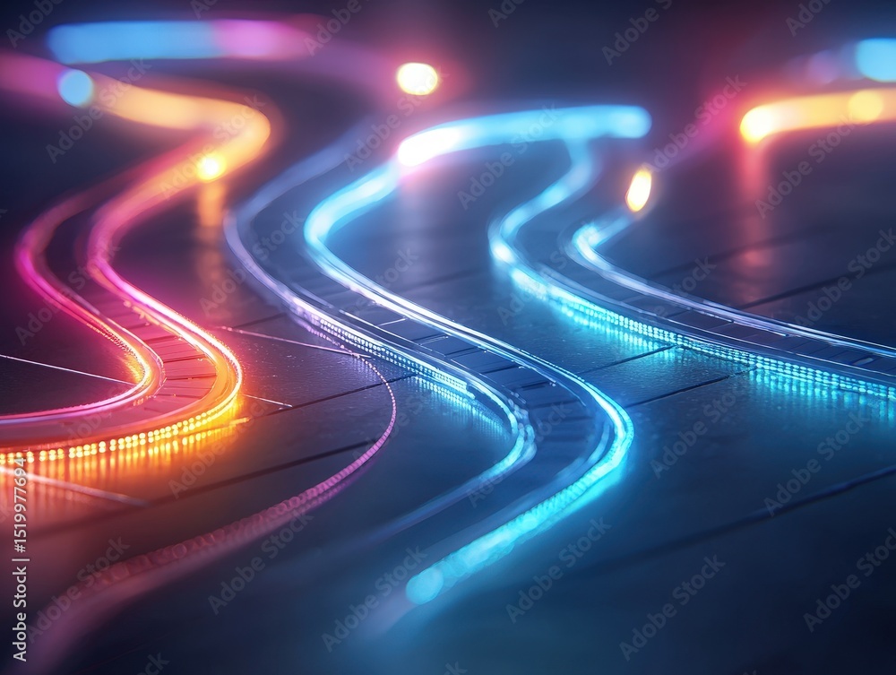 Poster colorful led light strips curve and glow on a reflective surface, creating a vibrant and futuristic 