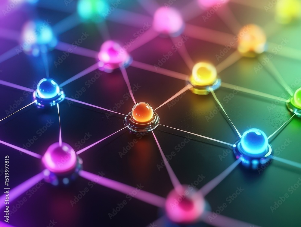 Aufkleber colorful glowing nodes connected by lines on a dark surface, representing a digital network or neura
