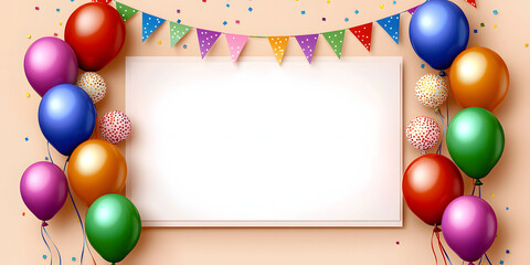 Colorful Balloons and Confetti Surround Blank Card on Beige Background