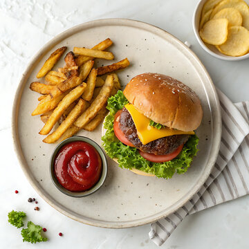 Cheeseburger and fries on ceramic plate, minimal overhead shot