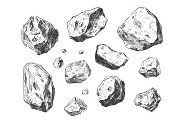 Collection of Gray and Black Irregular Rocks Sketch Illustration