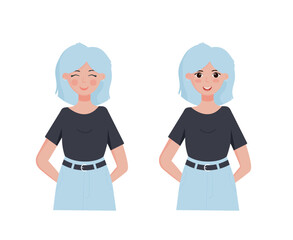 Cute smiling woman. Fashionable girl. Cartoon style. Vector illustration. Set