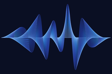 Digital sound wave with elegant blue neon glow effect on a dark background. Sound waves visualization or data with dynamic glowing blue lines.