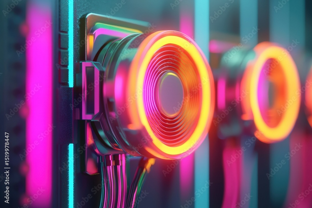 Aufkleber system hardware scalability concept. vibrant neon lights illuminating a futuristic metallic design e