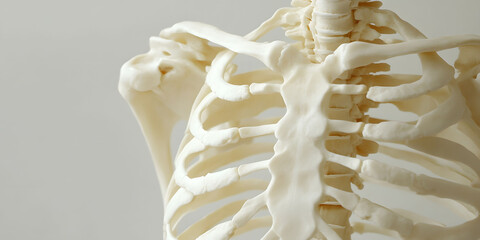 Close Up of a Pale Human Skeleton Model, Showing Ribcage and Spine Detail Against a Neutral Background