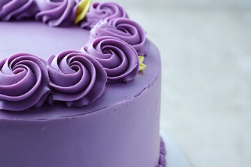 Close up View of a Delicious Purple Cake Decorated with Swirled Purple Rose Frosting