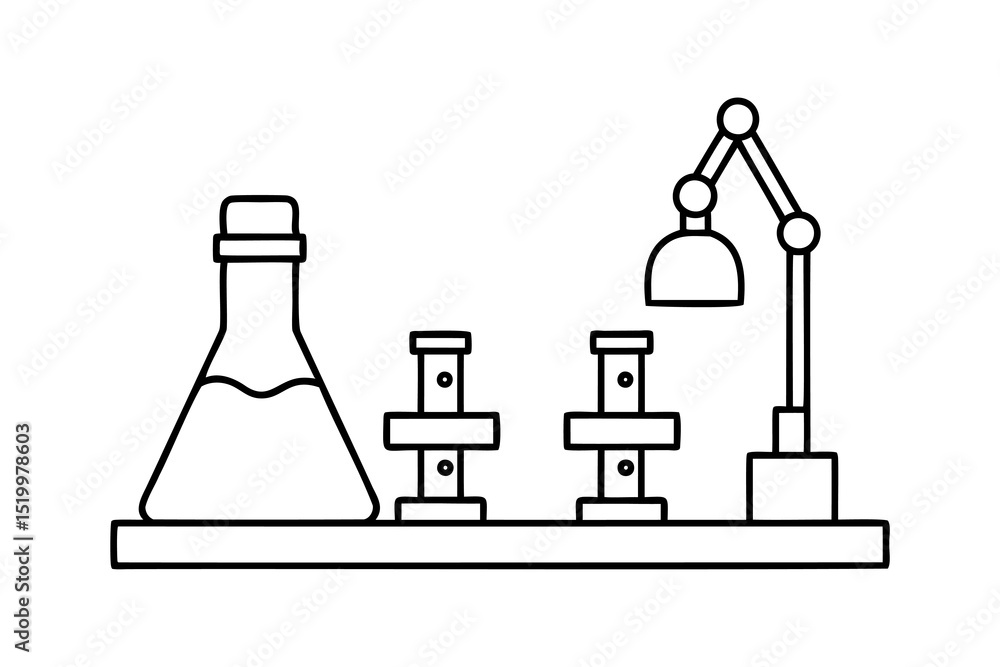 Poster simple lineart illustration of a science lab setup