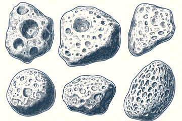 Collection of Detailed Ink Drawings of Porous Grey and Blue Rocks