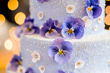 Close Up of Three Tiered Pastel Blue Wedding Cake Decorated with Purple Pansies and Gold Sprinkles