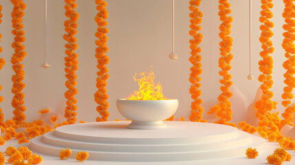 Ritualistic celebration: Agnihotra ceremony with marigold garlands and vibrant flames