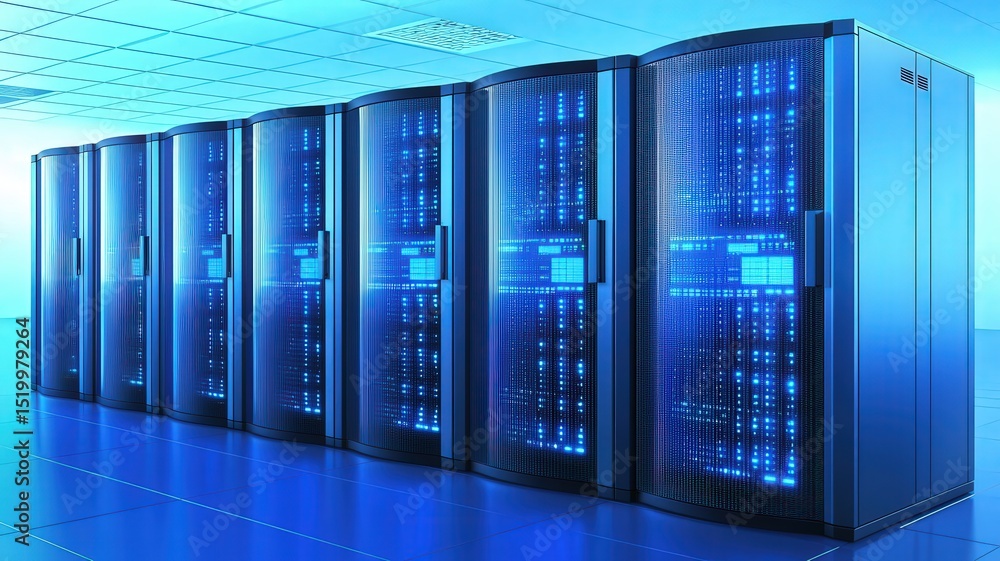 Aufkleber system hardware scalability concept. data servers in a modern tech facility, illuminated with blue l