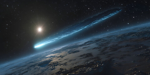 Bright Blue Comet Passes Near Planet In Dark Space