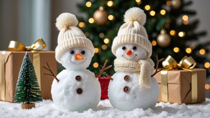 Two Festive Snowmen with Christmas Tree and Gifts