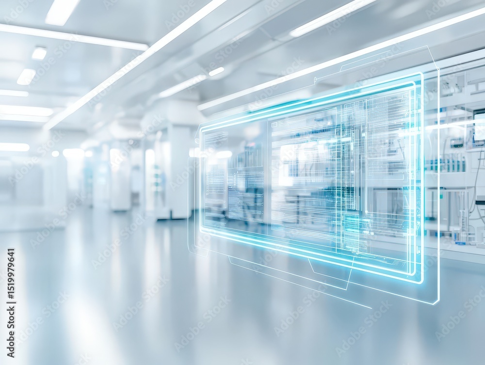 Poster system hardware scalability concept. futuristic interior with digital screens and sleek design eleme