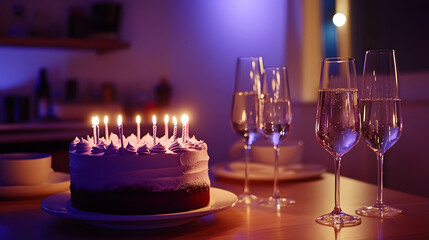 Birthday Cake with Lit Candles and Champagne Glasses at Night