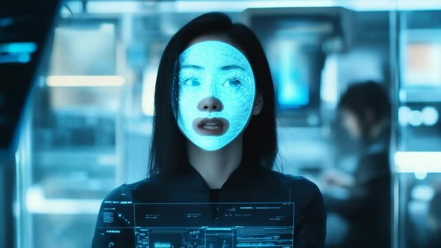 Advanced Technology Interface: A Young Woman Interacting with Holographic Data Display