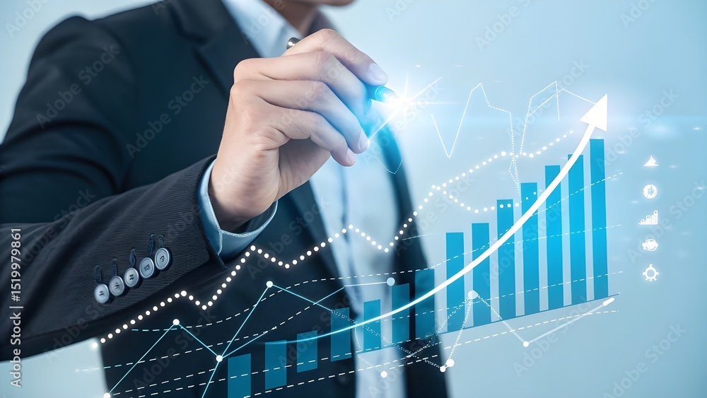 Poster business data analysis concept. marketing data and statistical charts. analyst pointing blue graph, 