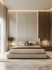 A clean and contemporary bedroom with a floating bed, neutral tones, and a calm atmosphere