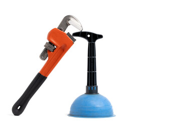Pipe wrench and piston are highlighted on white background. With space for your text.