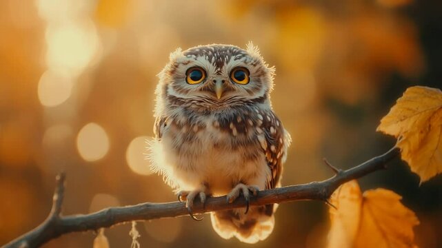 Adorable owlet perched on a branch amidst the golden hues of autumn foliage scene