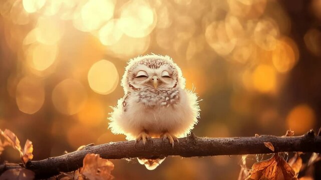 Adorable owlet perched on a branch in the golden light of autumn's embrace, a captivating scene