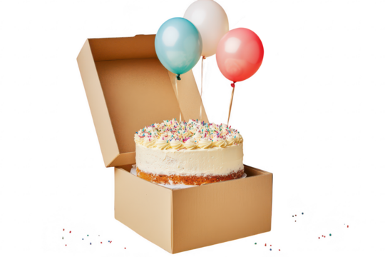 Birthday cake in box with balloons isolated on transparent background