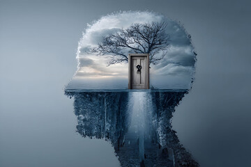 Abstract Surreal Head Profile with Inner World Landscape, Door, and Tree