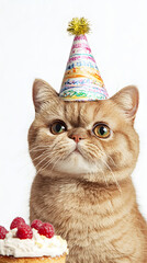 Adorable Orange Cat Wearing a Party Hat with Cake