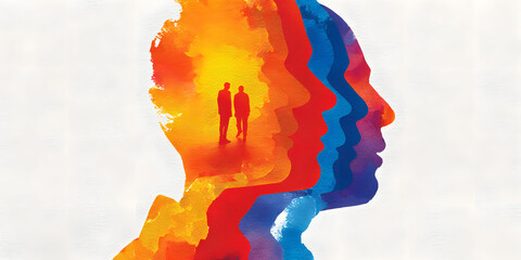 Abstract Watercolor Painting of Overlapping Human Profiles in Warm Colors